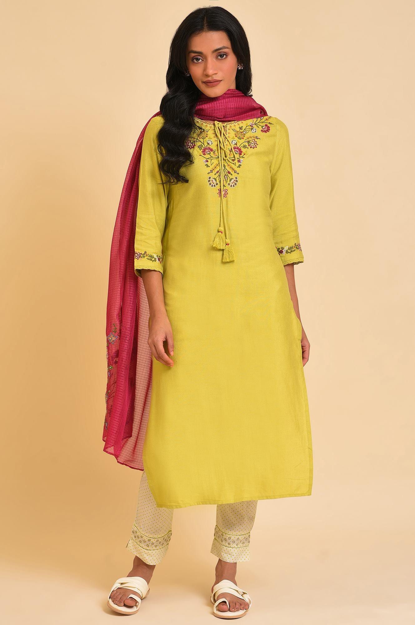 Lime Green Embroidered kurta, Pants And Dupatta Set - wforwoman