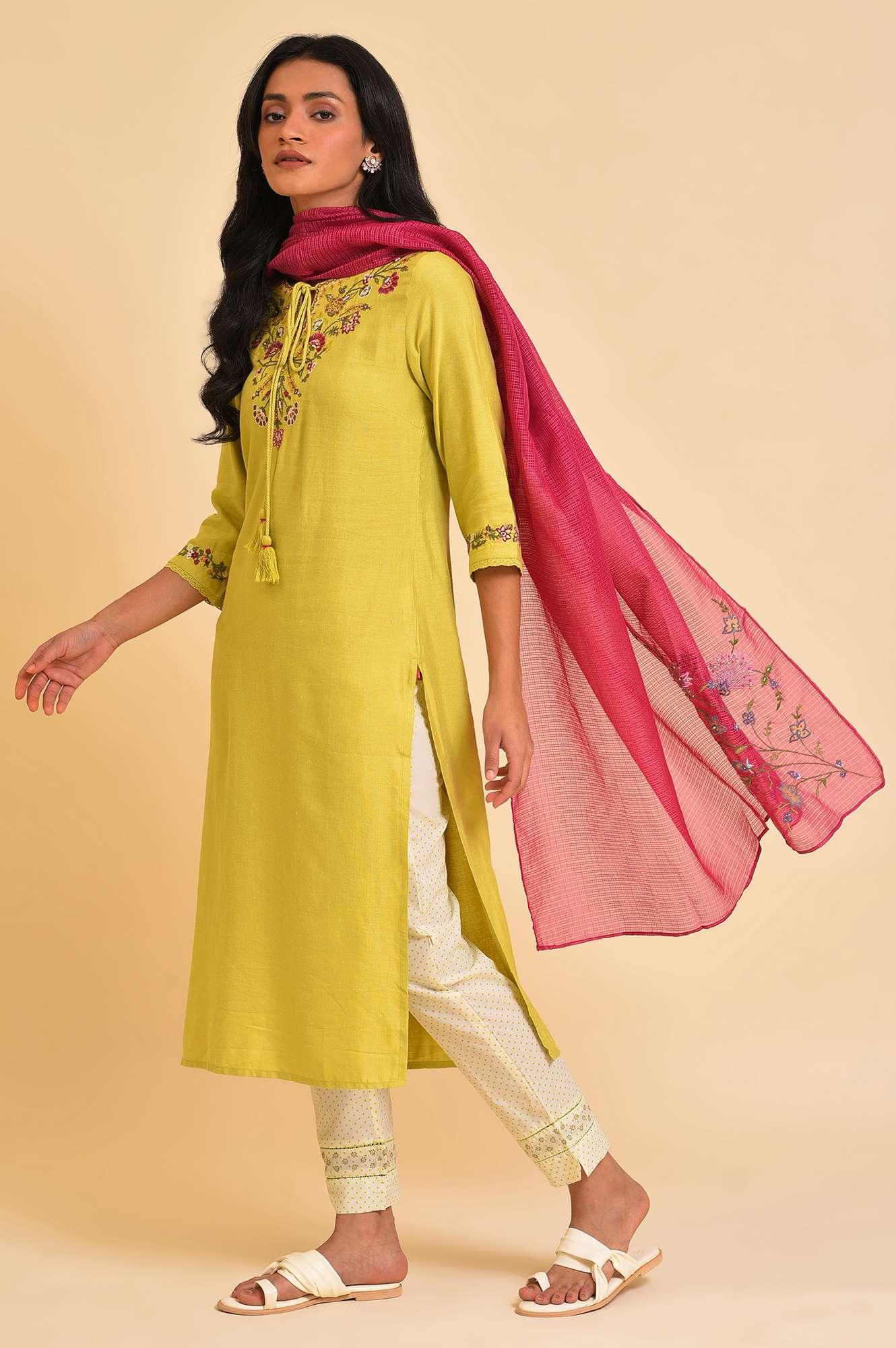 Lime Green Embroidered kurta, Pants And Dupatta Set - wforwoman
