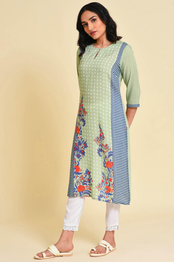Green Print Mix kurta Set