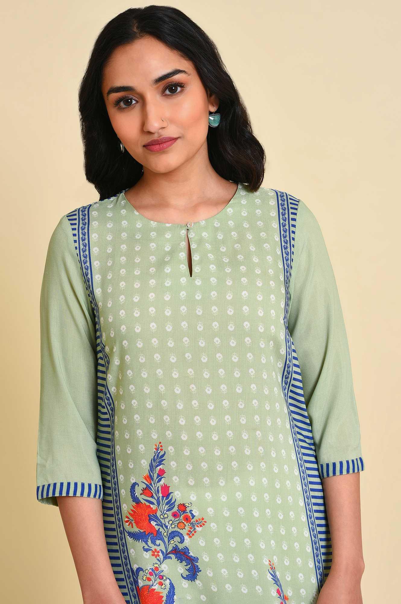 Green Print Mix kurta Set - wforwoman
