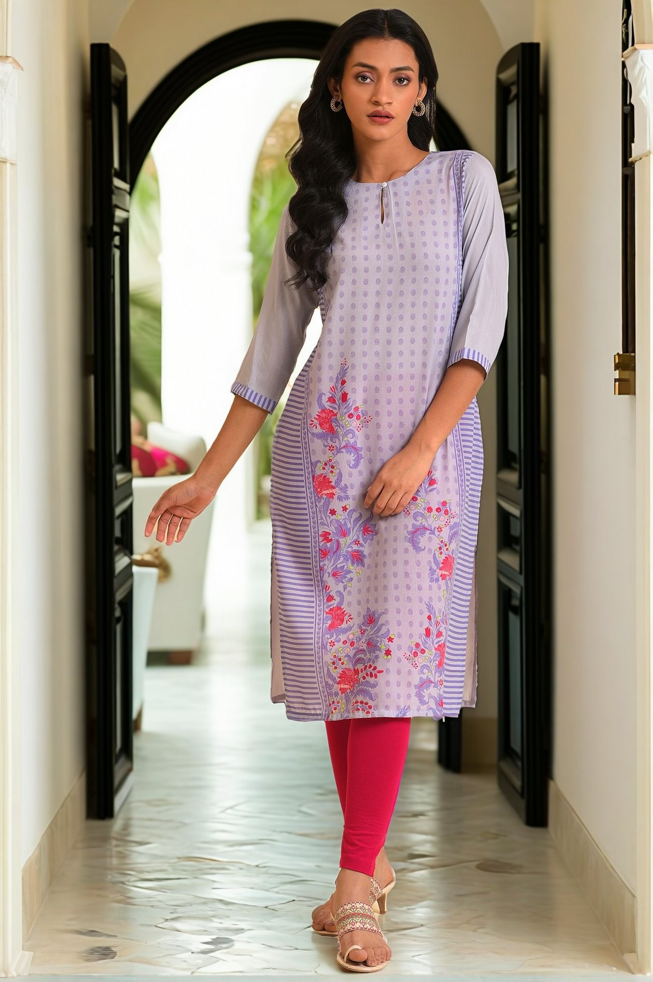 Purple Print Mix kurta &amp; Tights Set