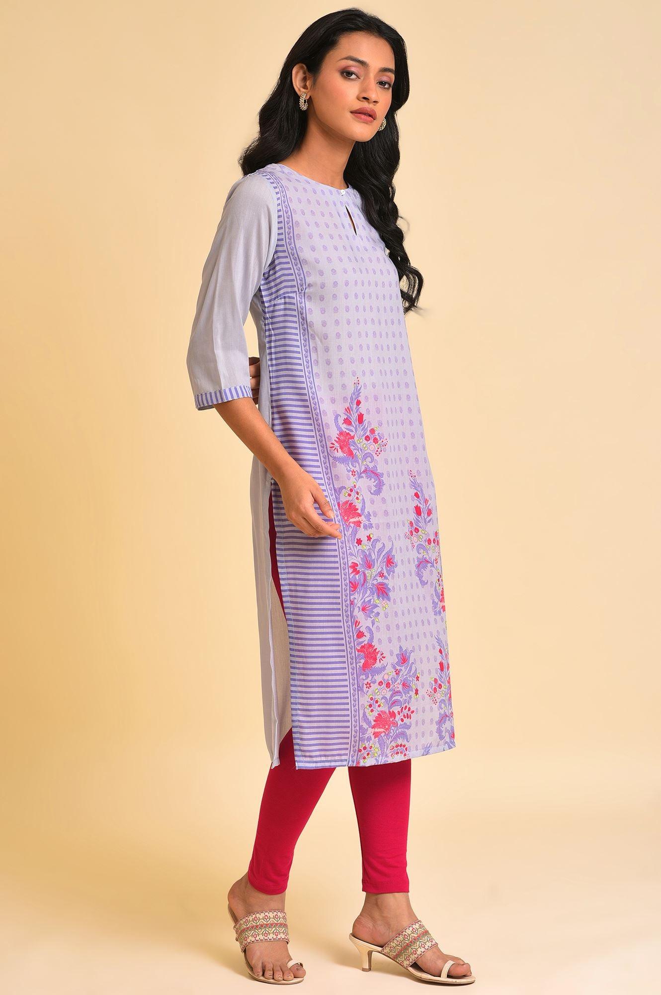 Purple Print Mix kurta &amp; Tights Set - wforwoman