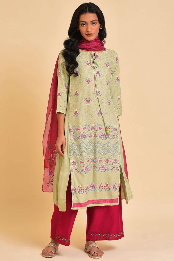 Green Embroidered kurta, Parallel Pants & Dupatta Set