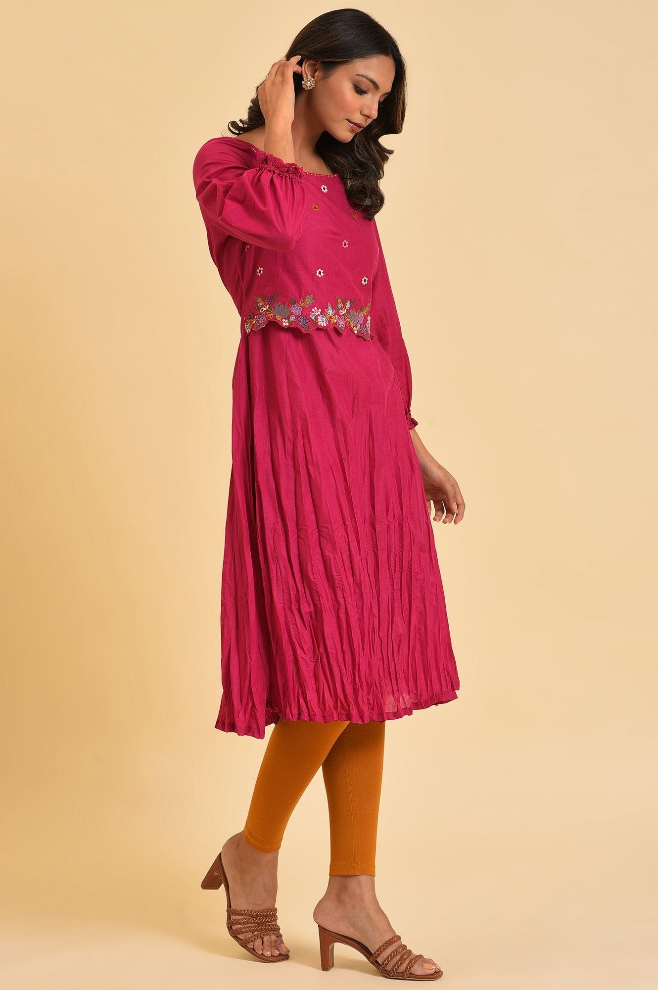 Berry Pink Embroidered kurta &amp; Tights Set - wforwoman