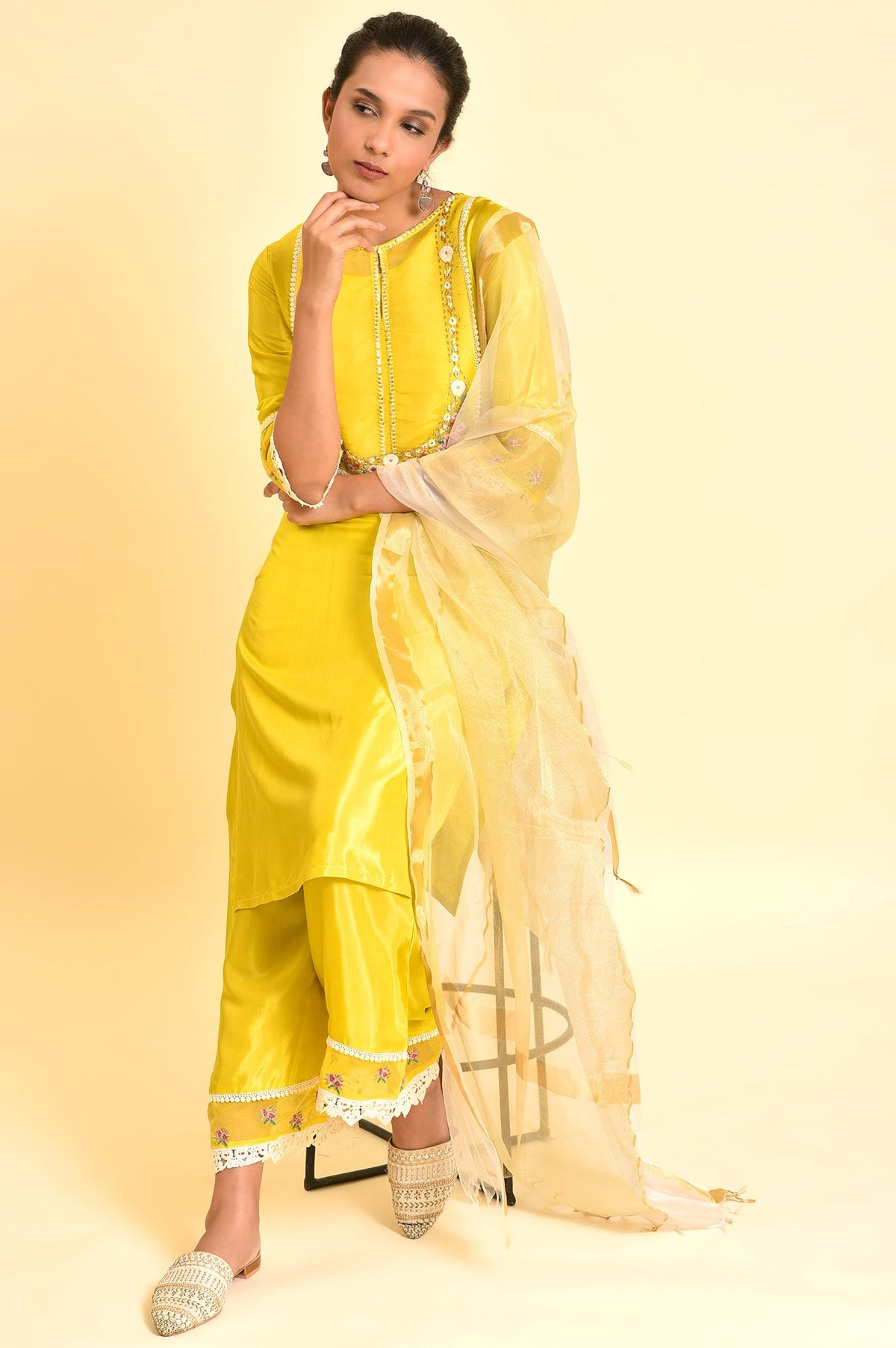 Yellow Embroidered kurta Set - XS