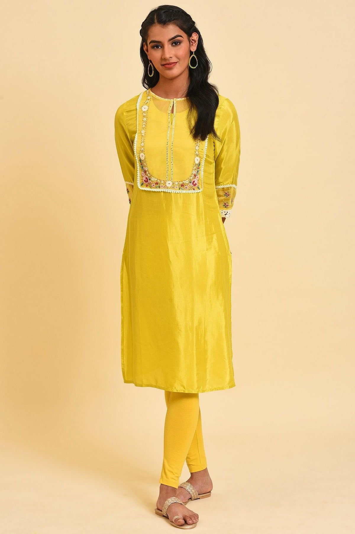 Yellow Embroidered Festive kurta Set - XS