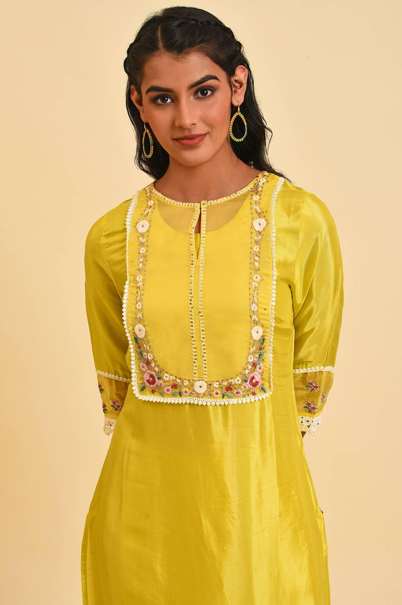 Yellow Embroidered Festive kurta Set - wforwoman