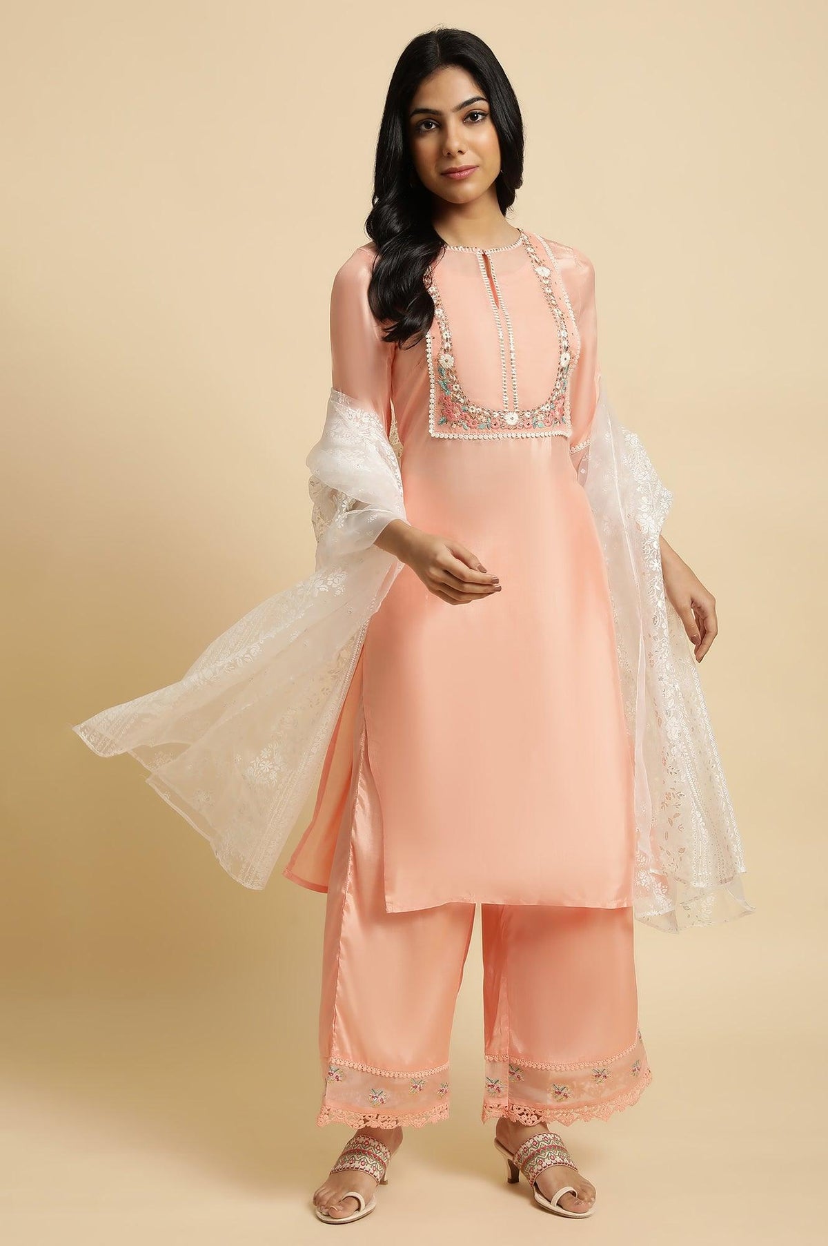 Peach Embroidered Kurta, Pants And Dupatta Set - XS