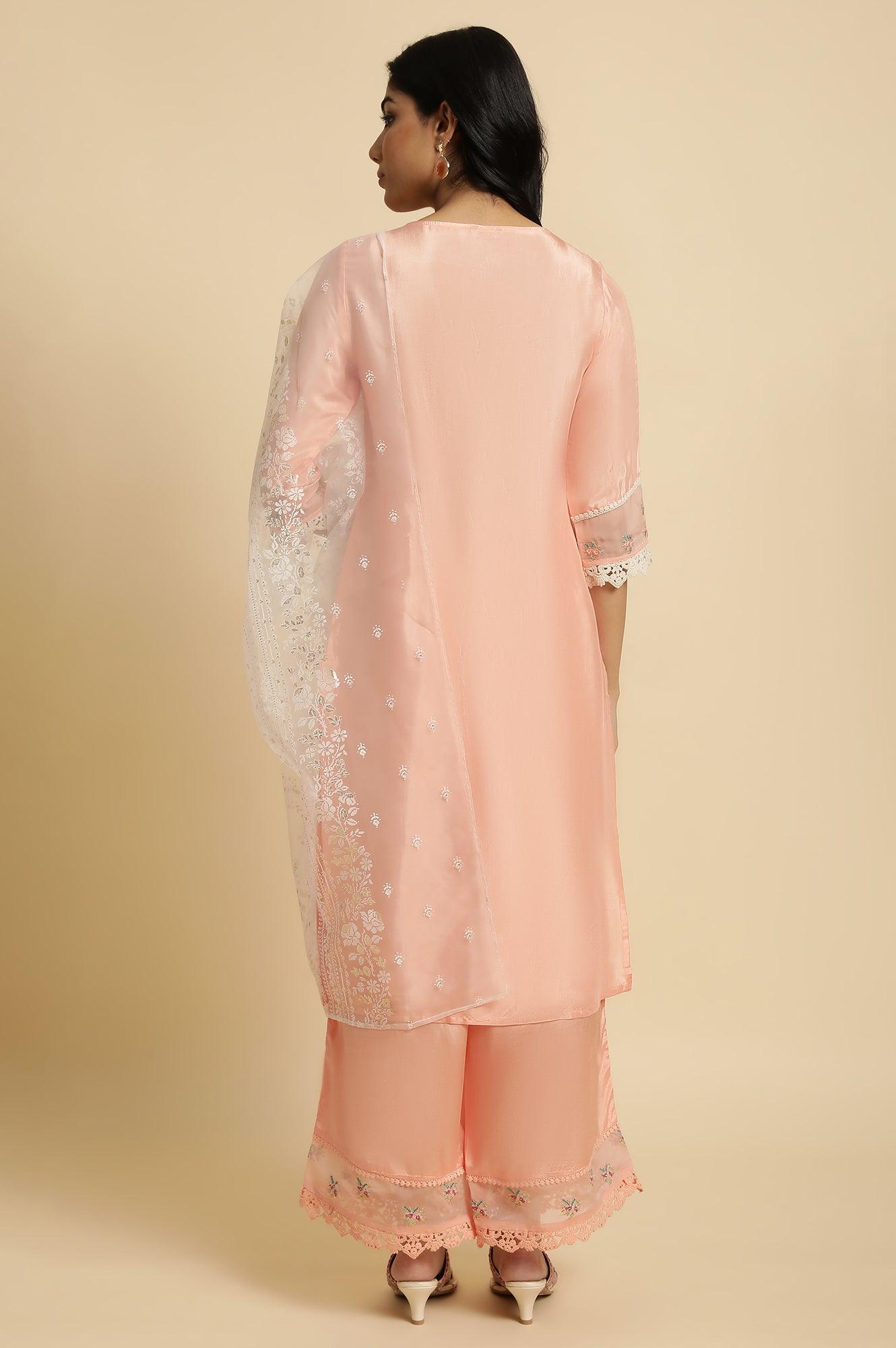 Peach Embroidered Kurta, Pants And Dupatta Set - wforwoman