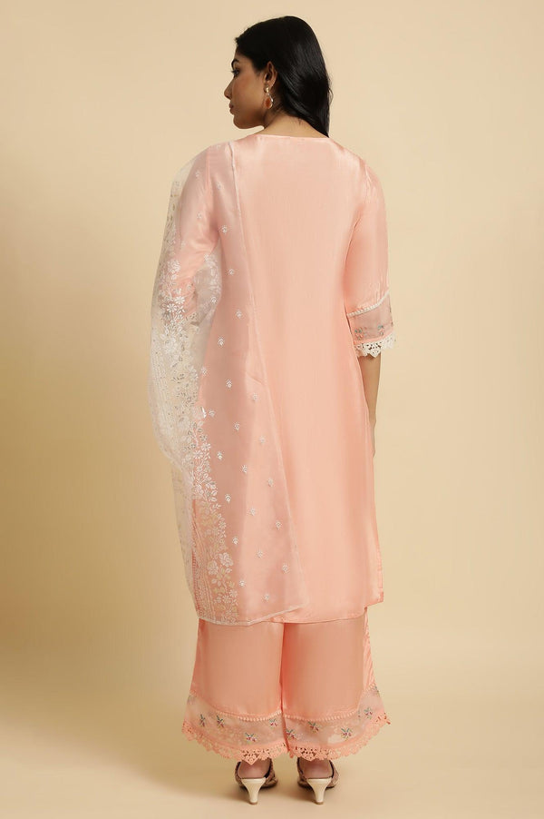 Peach Embroidered Kurta, Pants And Dupatta Set