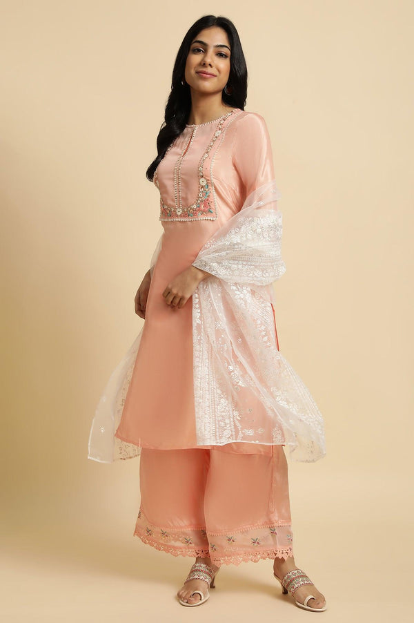 Peach Embroidered Kurta, Pants And Dupatta Set