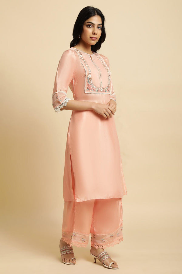 Peach Embroidered Kurta, Pants And Dupatta Set