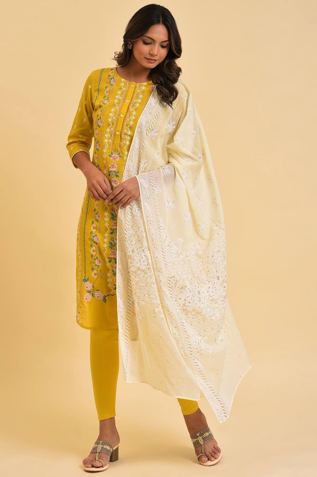 Yellow Printed kurta, Tights & Dupatta Set - XS