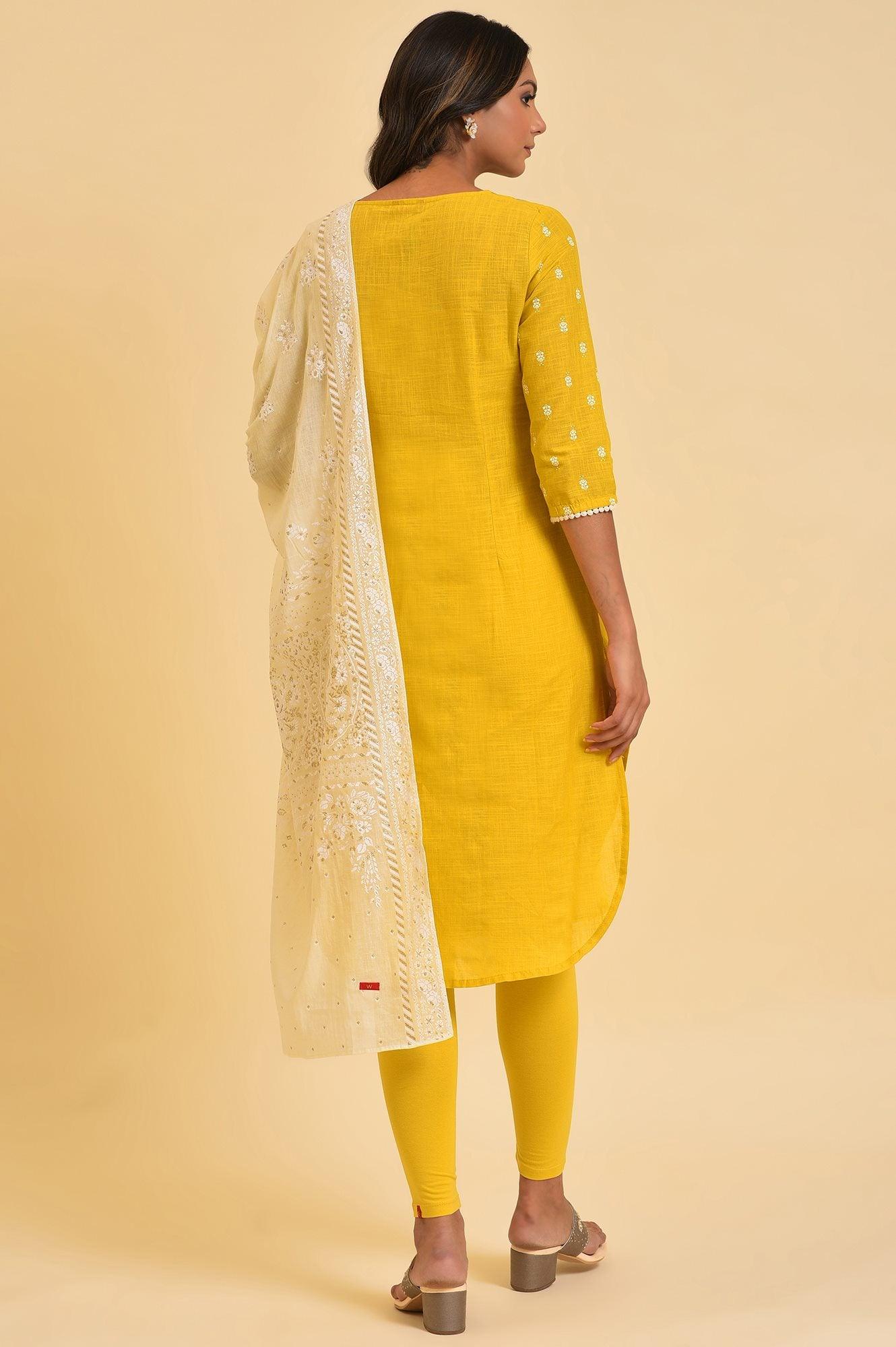 Yellow Printed kurta, Tights &amp; Dupatta Set - wforwoman
