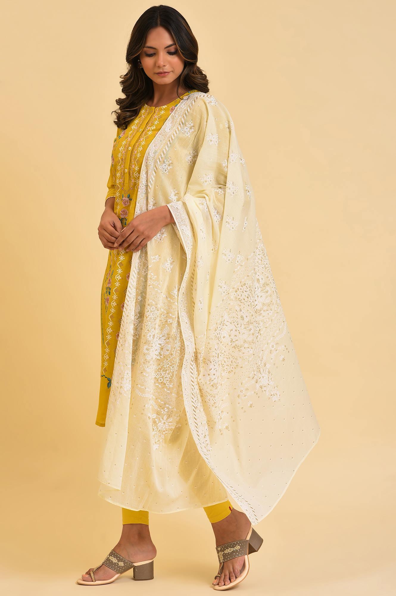 Yellow Printed kurta, Tights &amp; Dupatta Set - wforwoman