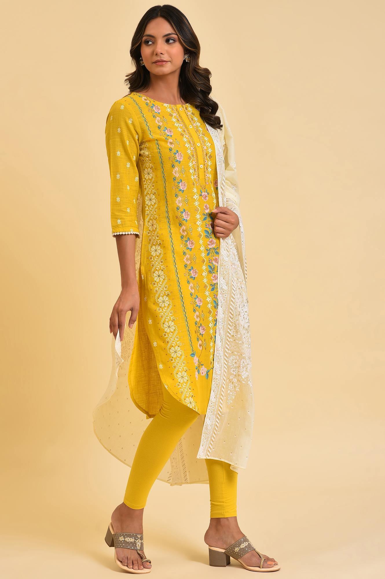 Yellow Printed kurta, Tights &amp; Dupatta Set - wforwoman