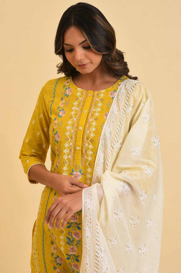 Yellow Printed kurta, Tights & Dupatta Set