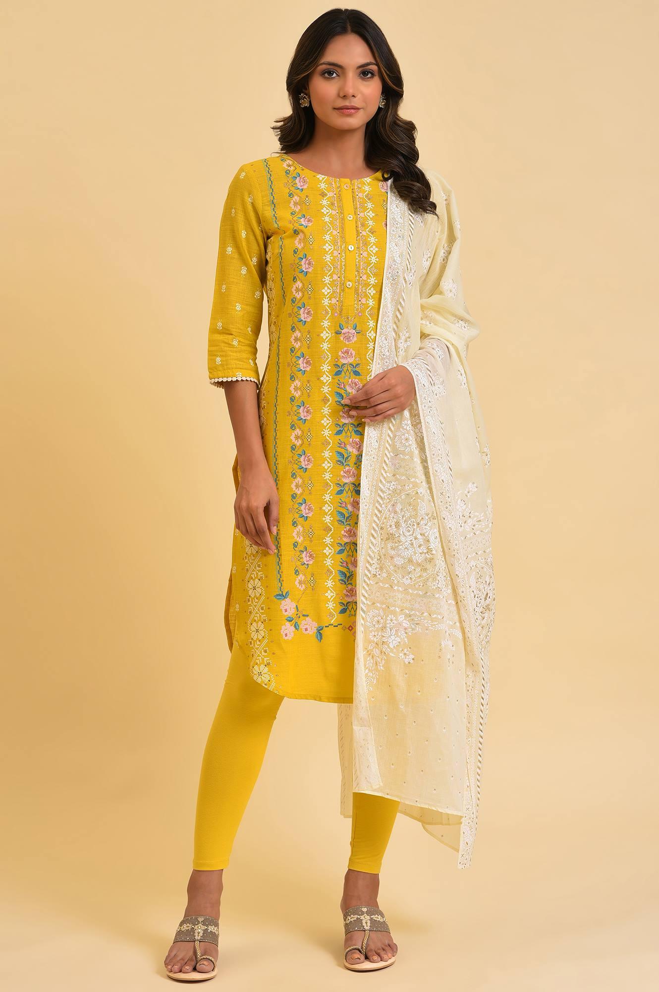 Yellow Printed kurta, Tights &amp; Dupatta Set - wforwoman