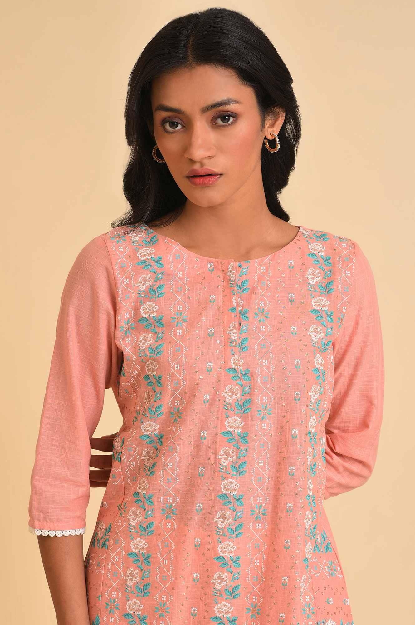 Peach Glitter Printed A-Line kurta &amp; Pants Set - wforwoman