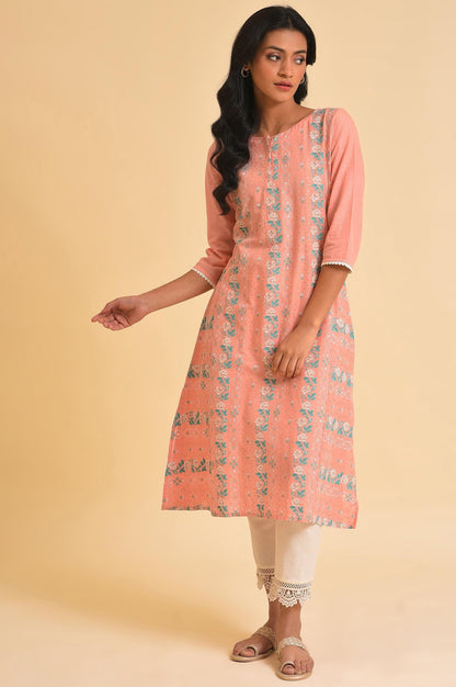 Peach Glitter Printed A-Line kurta &amp; Pants Set - wforwoman