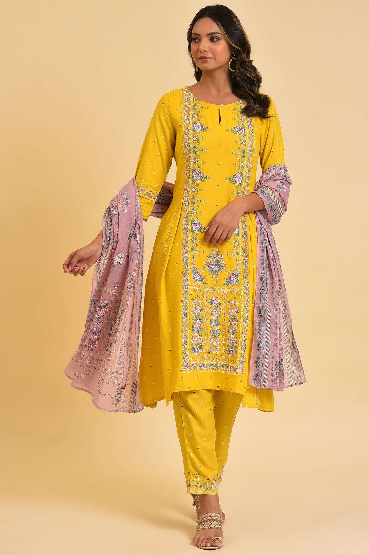 Yellow Glitter Printed Festive kurta, Pants & Dupatta Set - XS