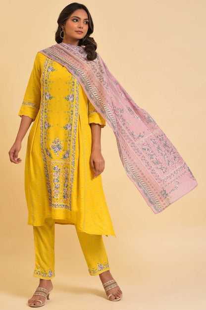 Yellow Glitter Printed Festive kurta, Pants &amp; Dupatta Set - wforwoman