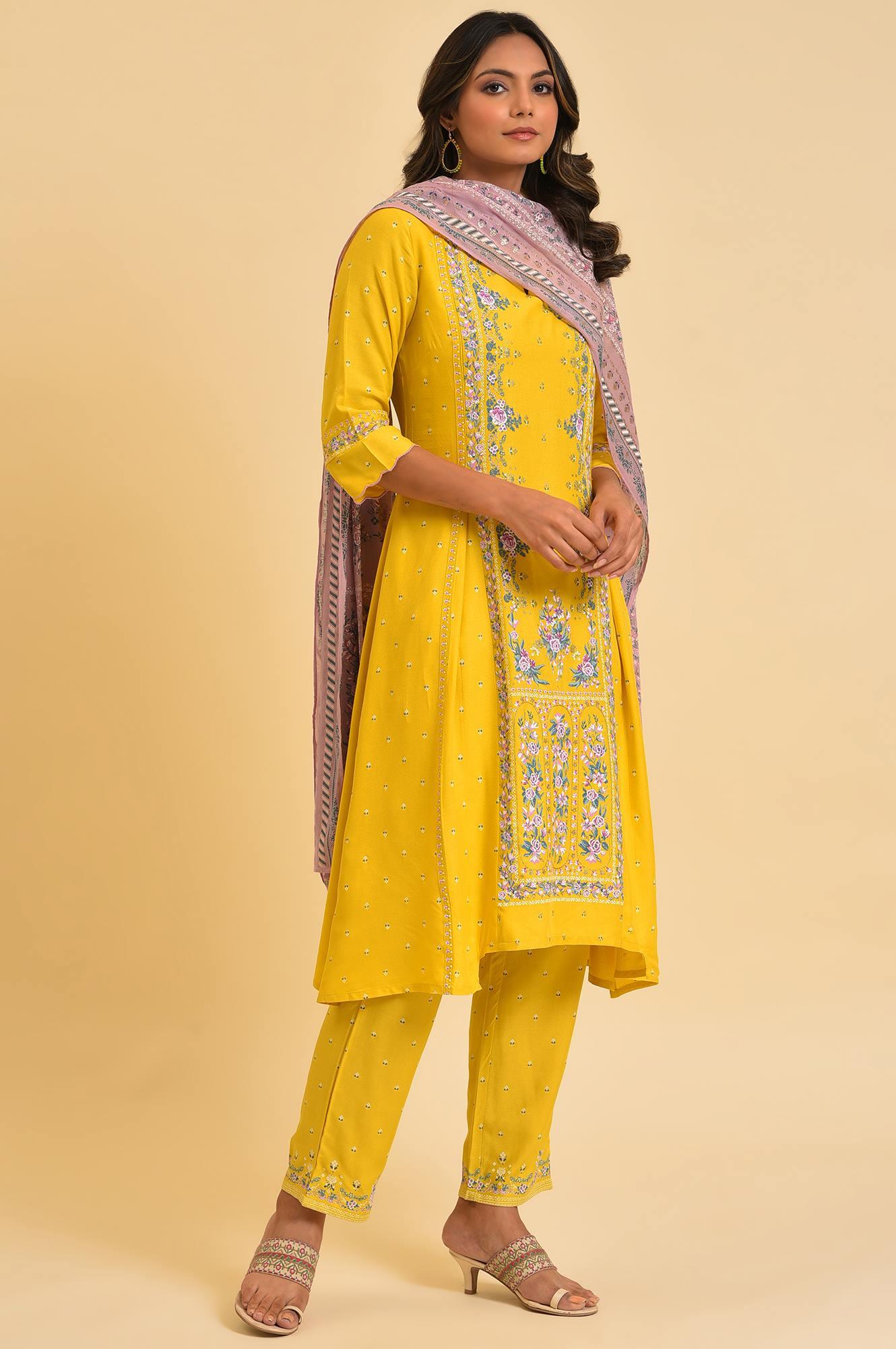 Yellow Glitter Printed Festive kurta, Pants &amp; Dupatta Set - wforwoman