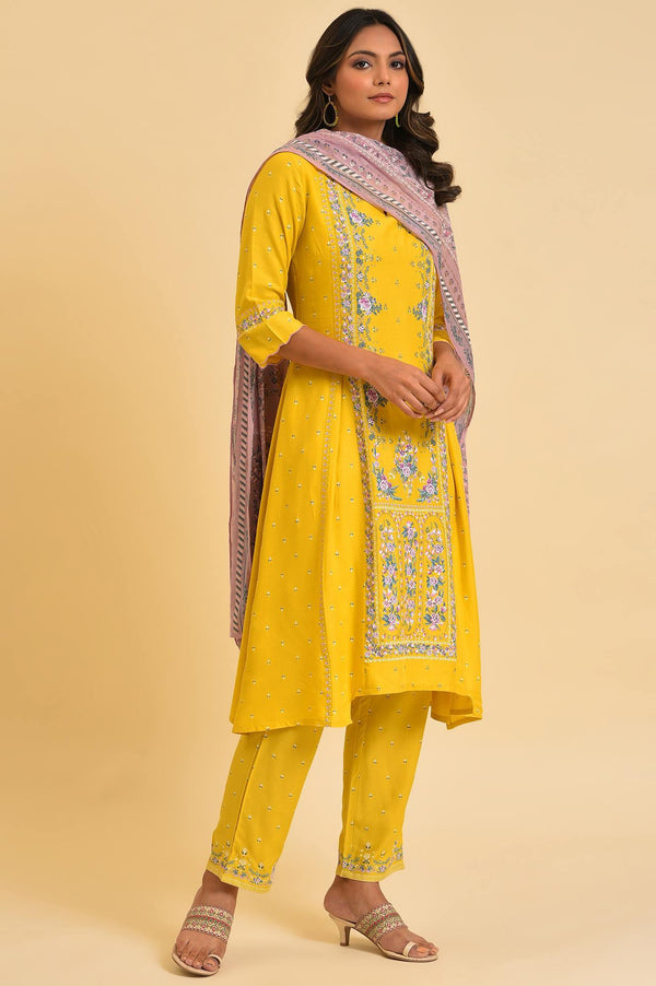 Yellow Glitter Printed Festive kurta, Pants & Dupatta Set