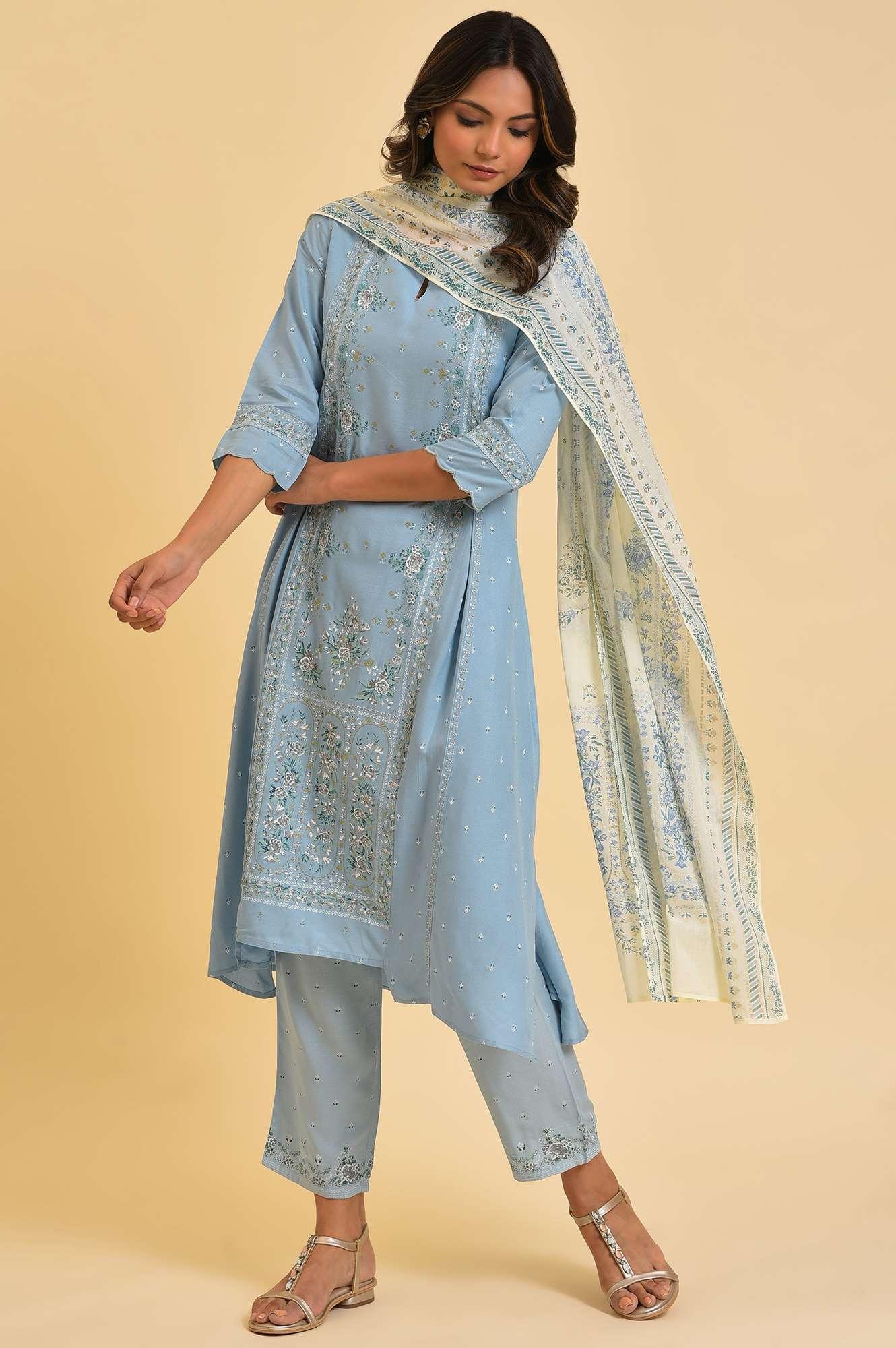 Blue Embellished kurta, Pants &amp; Dupatta Set - wforwoman