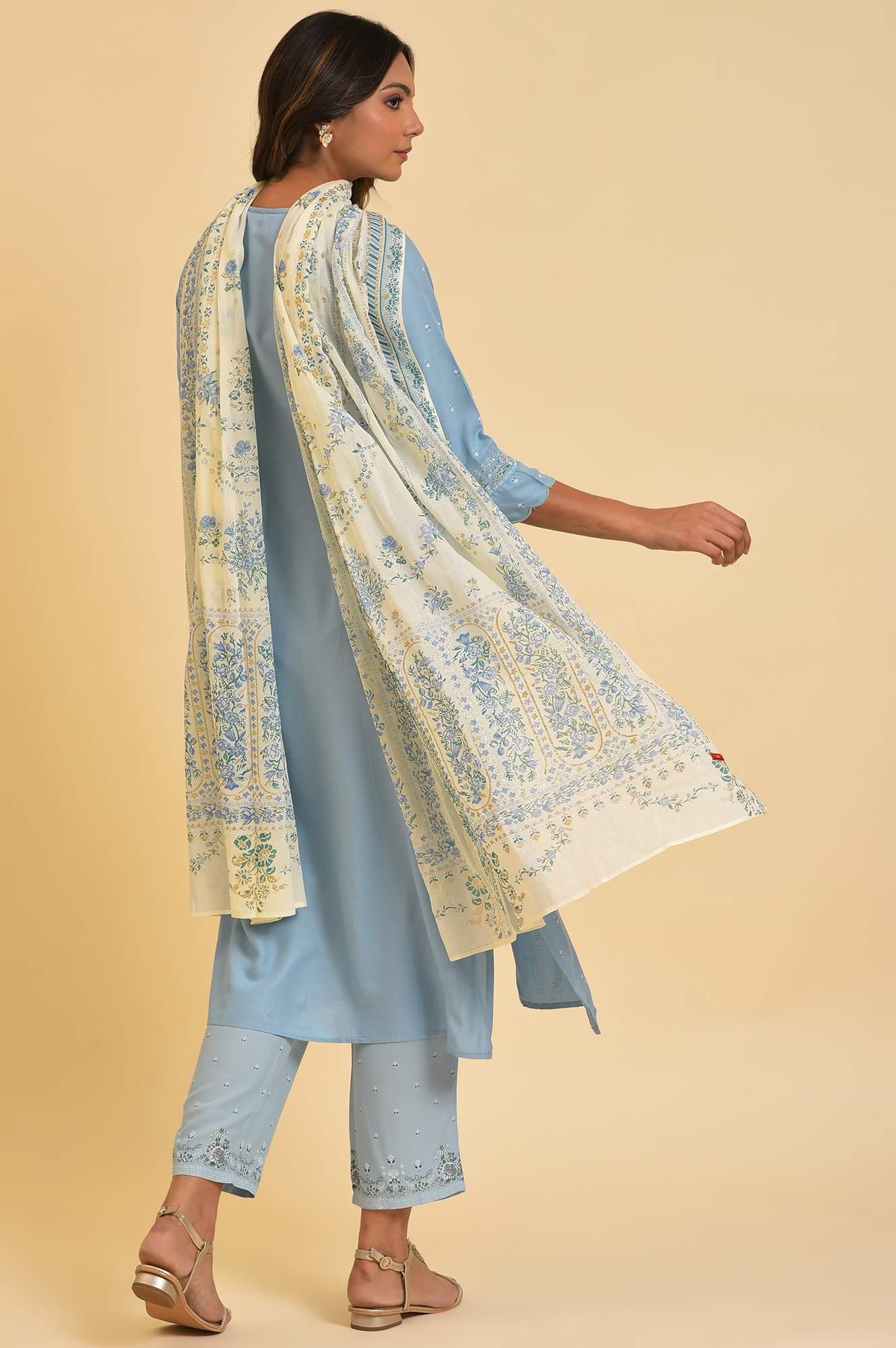 Blue Embellished kurta, Pants &amp; Dupatta Set - wforwoman