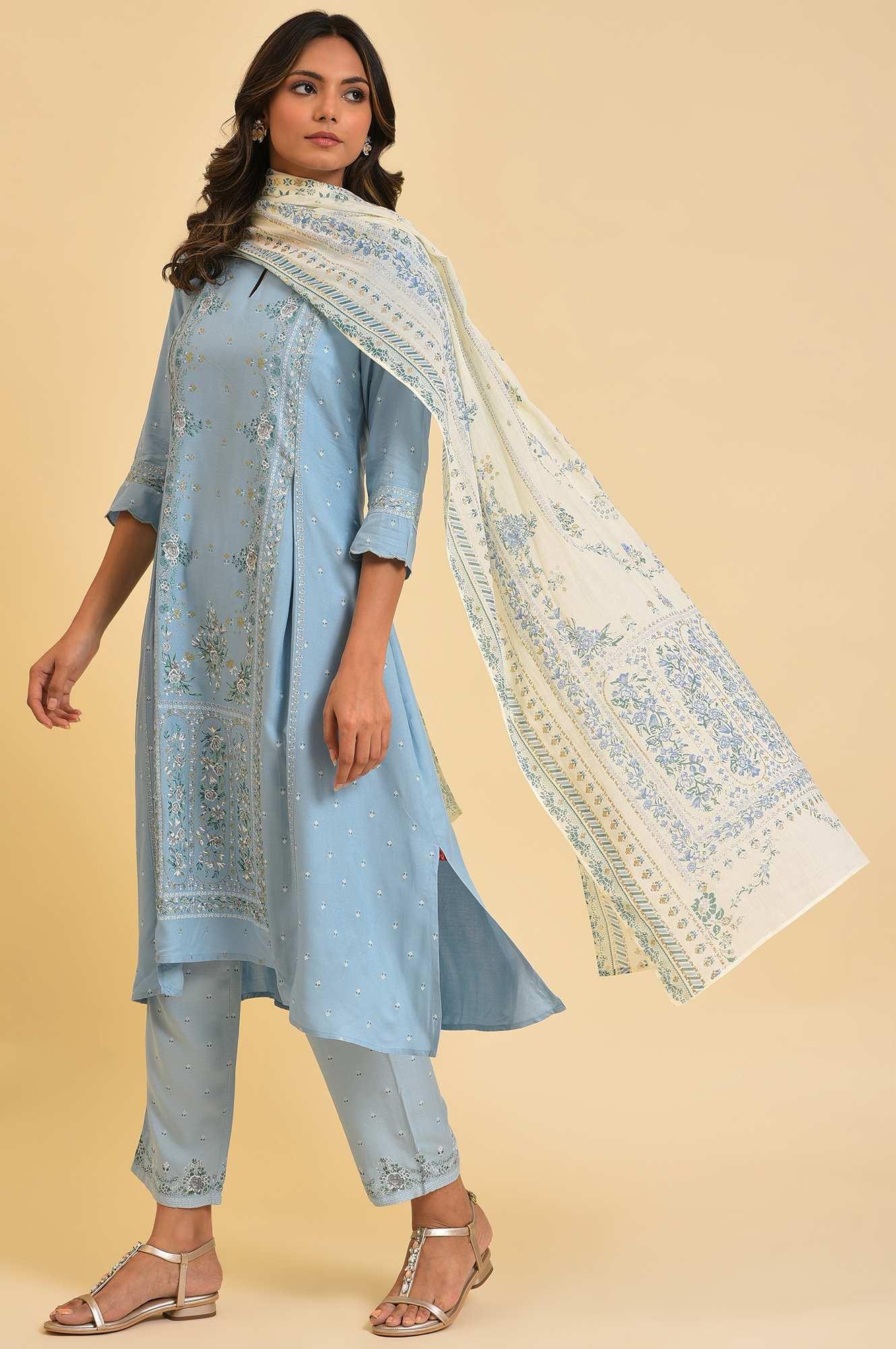 Blue Embellished kurta, Pants &amp; Dupatta Set - wforwoman
