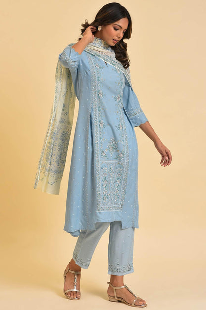 Blue Embellished kurta, Pants &amp; Dupatta Set - wforwoman