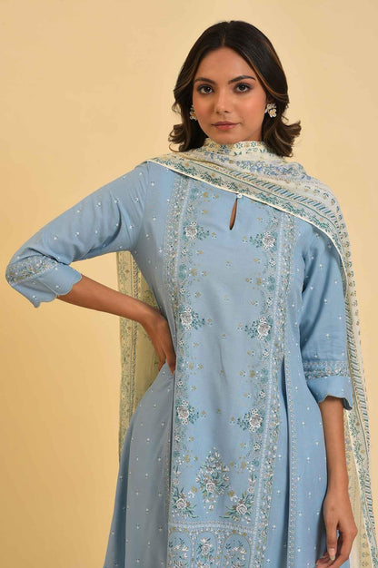 Blue Embellished kurta, Pants &amp; Dupatta Set - wforwoman