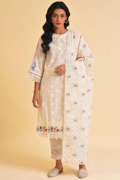 Ecru Printed Festive kurta, Pants &amp; Dupatta Set - wforwoman