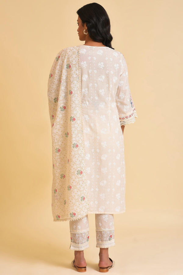 Plus Size Ecru Printed Festive kurta, Pants & Dupatta Set