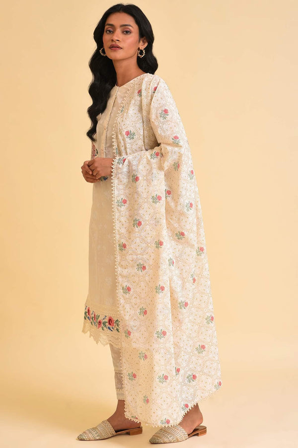Plus Size Ecru Printed Festive kurta, Pants & Dupatta Set