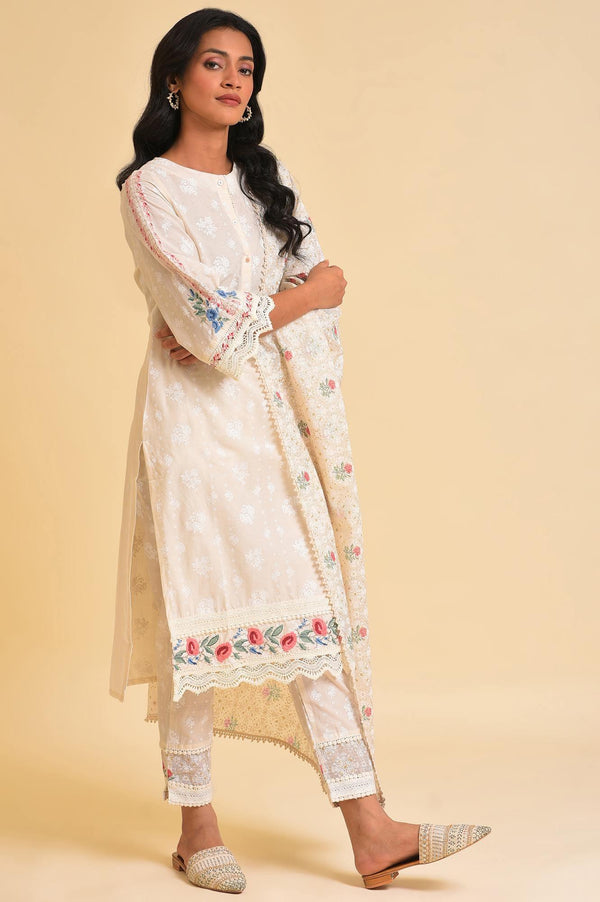 Plus Size Ecru Printed Festive kurta, Pants & Dupatta Set