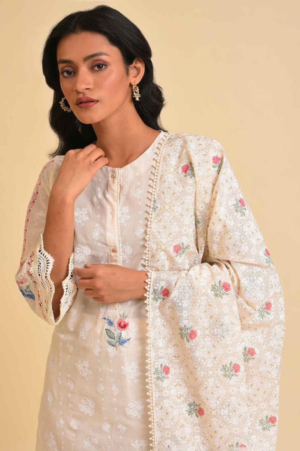 Plus Size Ecru Printed Festive kurta, Pants & Dupatta Set