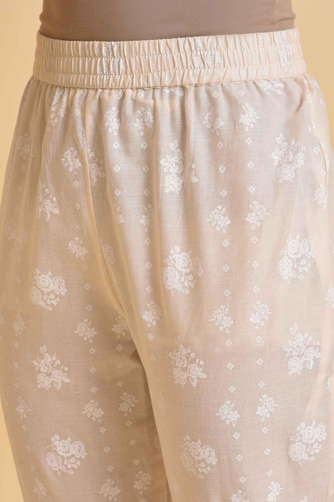 Ecru Printed Festive kurta, Pants &amp; Dupatta Set - wforwoman