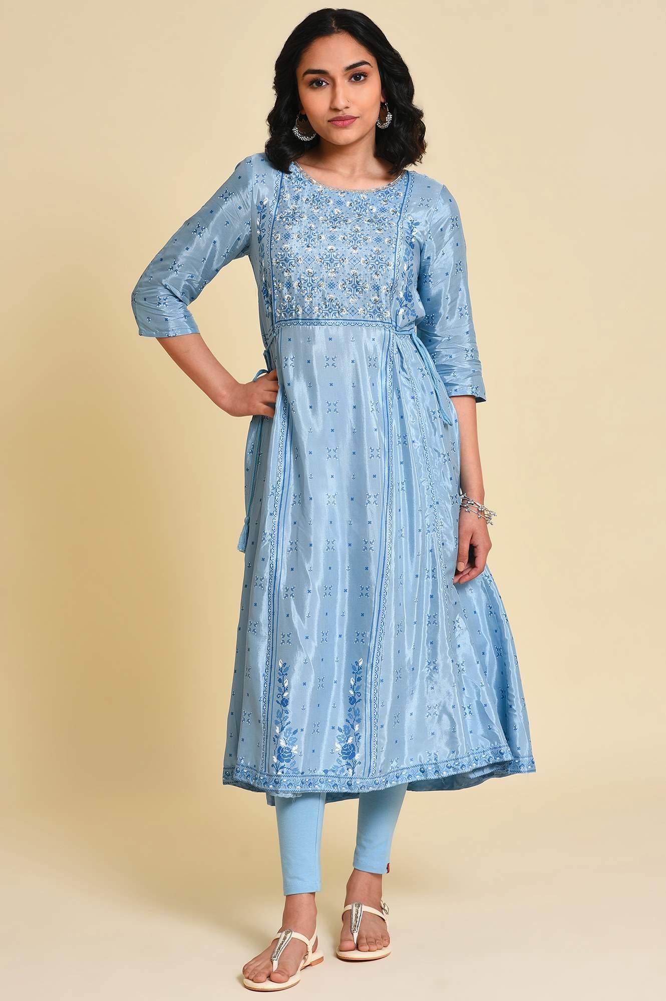 Blue Sequined Shantung kurta Set - wforwoman