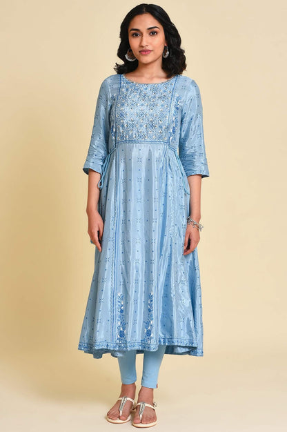 Blue Sequined Shantung kurta Set - wforwoman