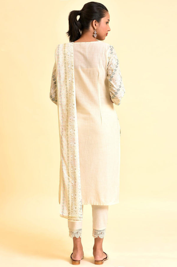 Ecru Embellished Festive Kurta, Pants And Dupatta Set