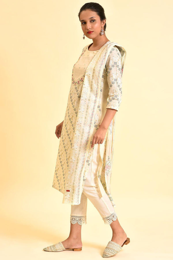 Ecru Embellished Festive Kurta, Pants And Dupatta Set