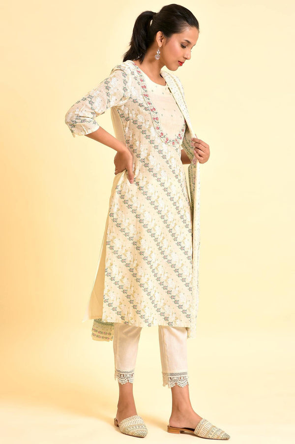 Ecru Embellished Festive Kurta, Pants And Dupatta Set