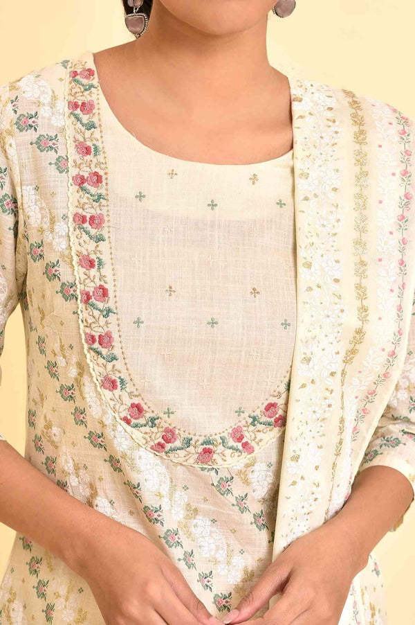 Ecru Embellished Festive Kurta, Pants And Dupatta Set