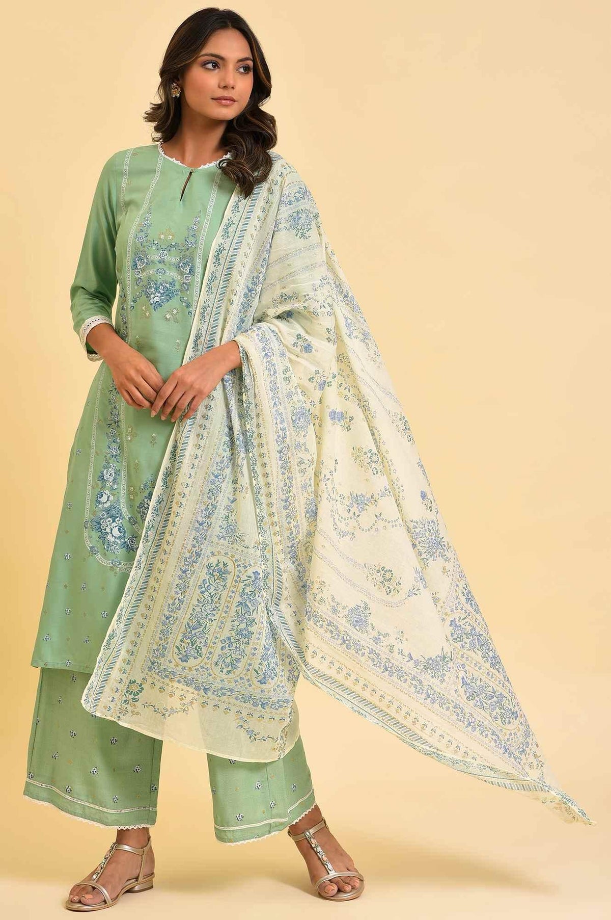Light Green Printed kurta, Parallel Pants & Dupatta Set - XS