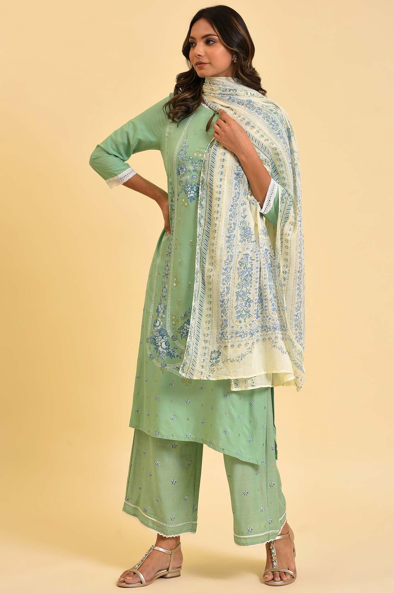 Light Green Printed kurta, Parallel Pants &amp; Dupatta Set - wforwoman