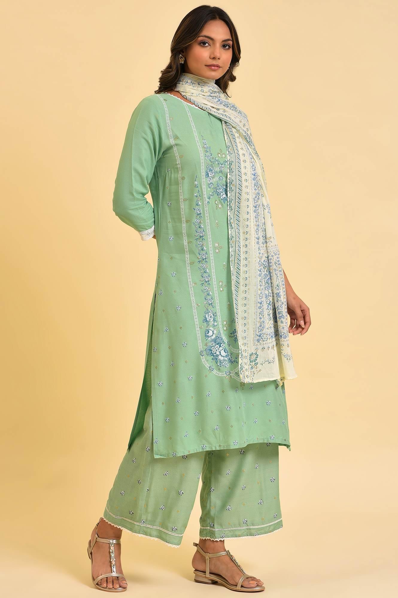 Light Green Printed kurta, Parallel Pants &amp; Dupatta Set - wforwoman
