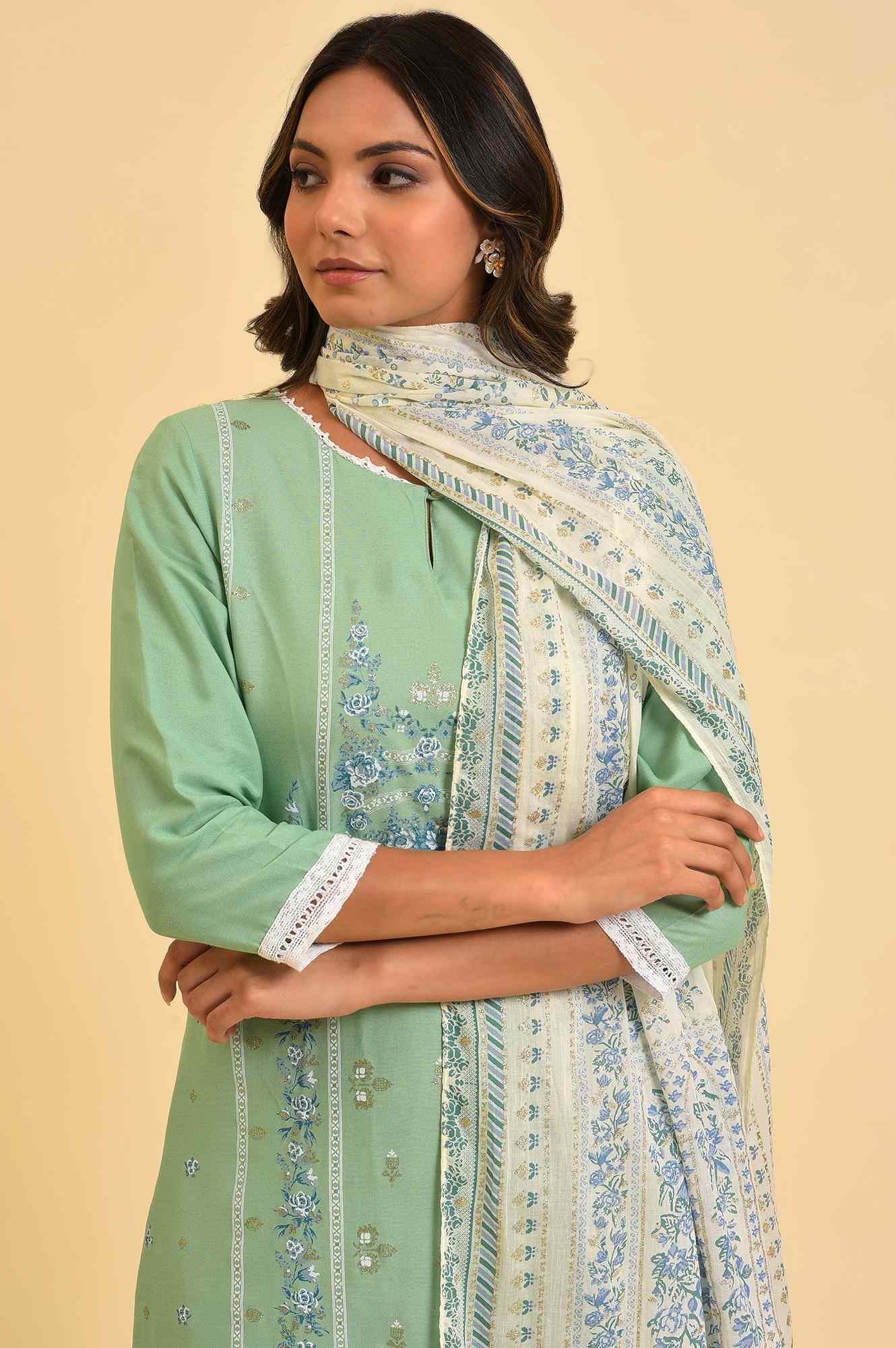 Light Green Printed kurta, Parallel Pants &amp; Dupatta Set - wforwoman