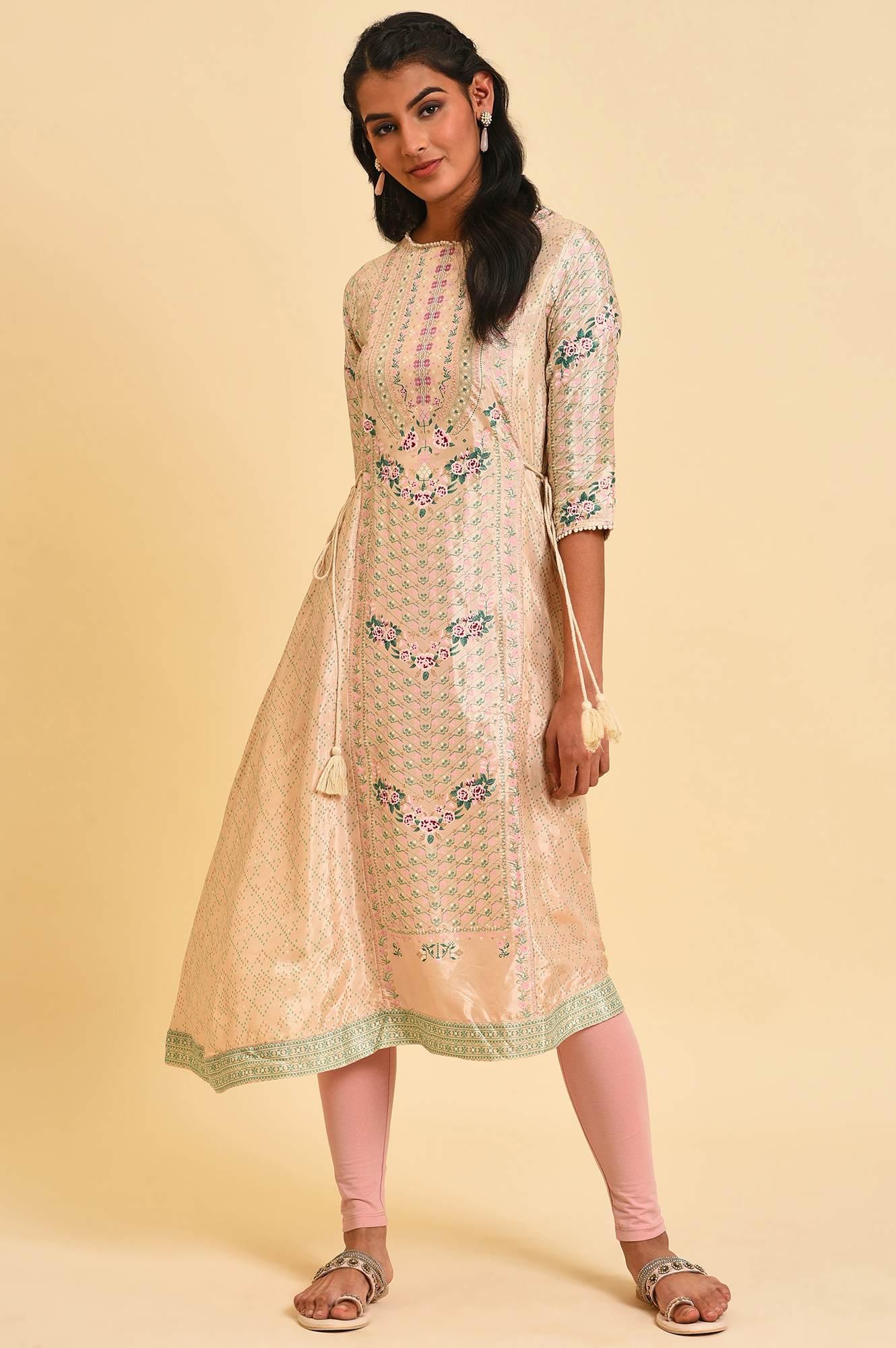 Beige Festive Asymmetric kurta Set - wforwoman
